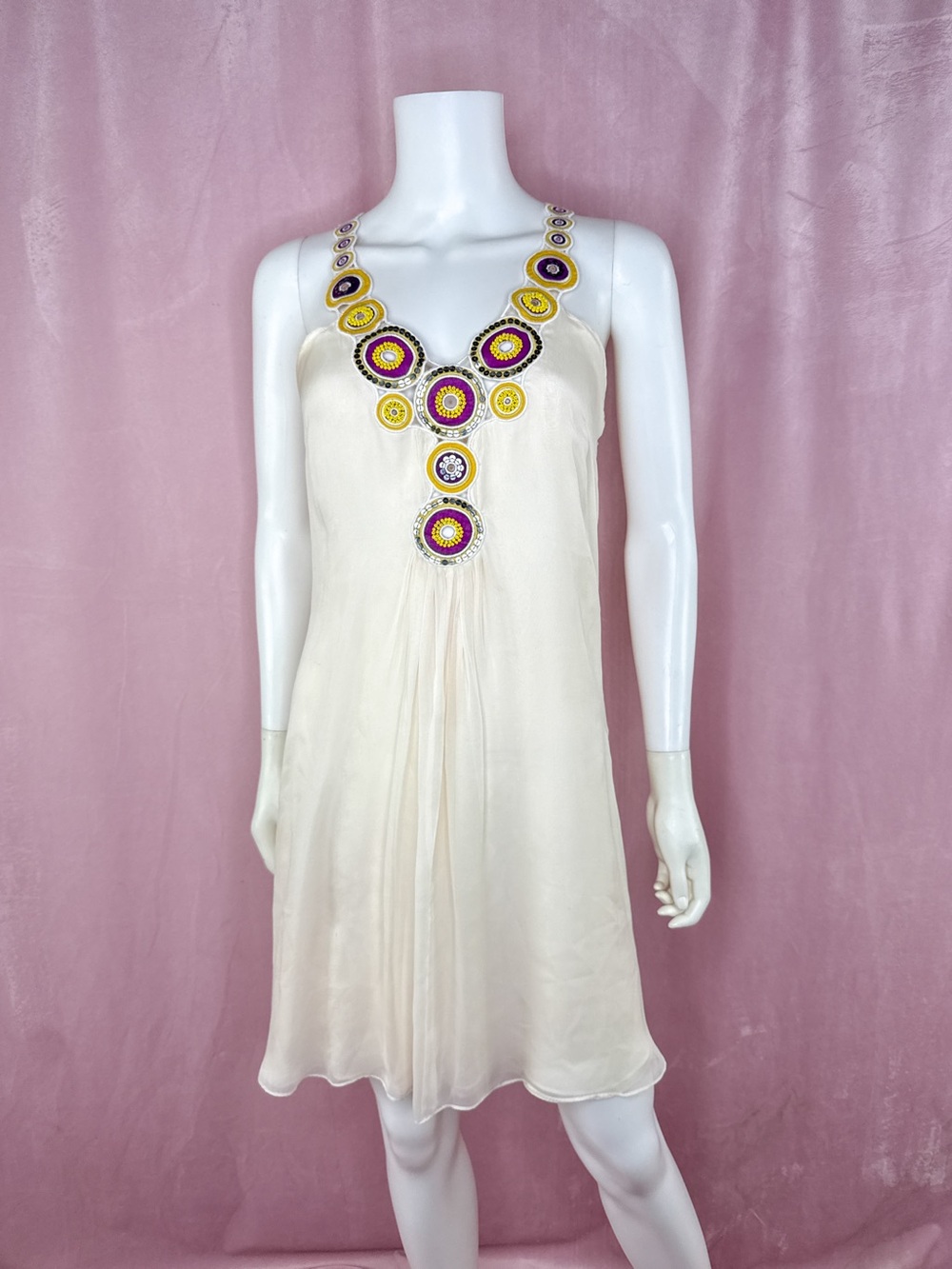 Catherine Malandrino Womens 100% Silk White Cream A-Line Embroidered Dress 4